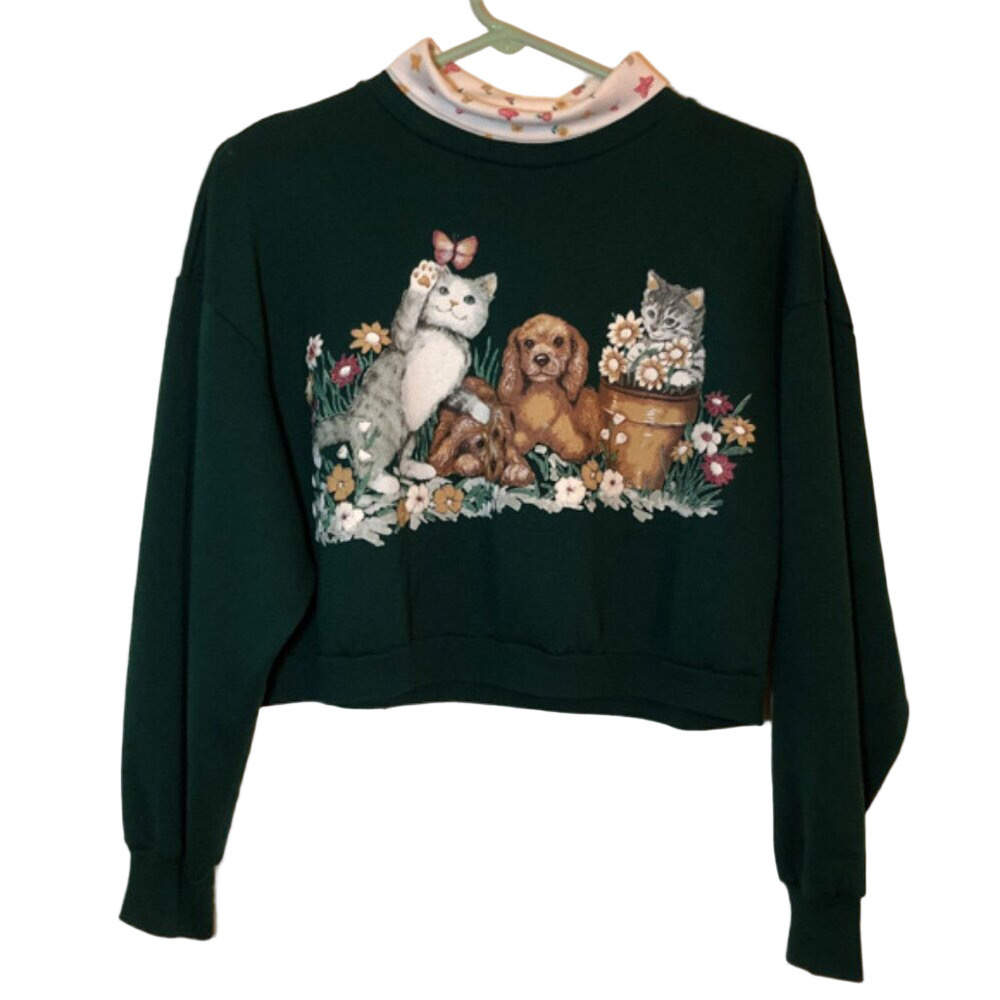Vintage upcycled mock neck crop sweatshirt kitties and puppies kawaii sz S